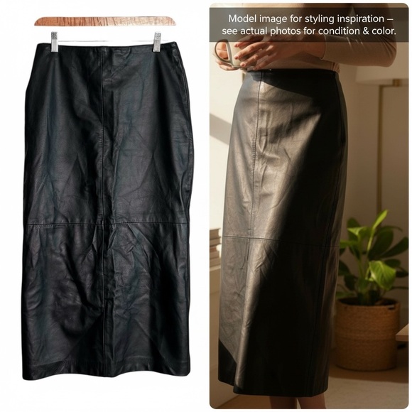 Vintage DANIER Genuine Leather Midi Skirt Black 90s Minimalist Real Leather Sz 6